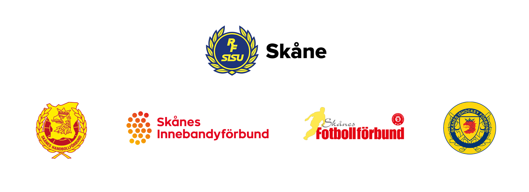 Logotyper med Skånes ishockeyförbund, Skånes fotbollsförbund, Skånes Ridsportförbund, Skånes Innebandyförbund samt RF-SISU Skåne