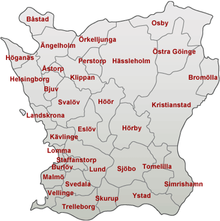 Skåne uppdelat i 33 kommuner